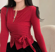 Ribbon Knit Top Long Sleeve Knit Cardigan Kdrama style